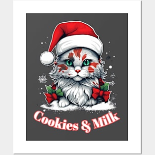 Cookies & Milk - Christmas Cat - Winter Holiday Posters and Art